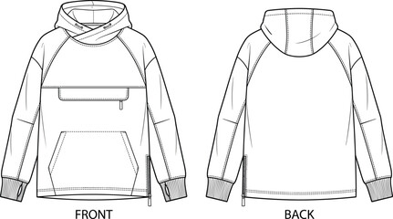 Technical Flat Drawing Vector Set of Mens Oversized Anorak Hoodie Front and Back Views © MdAbdur