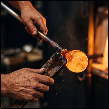 Nahaufnahme der H&auml;nde eines Glasbl&auml;sers beim Formen einer gl&uuml;henden Glasblase an der Glaspfeife in der Werkstatt
