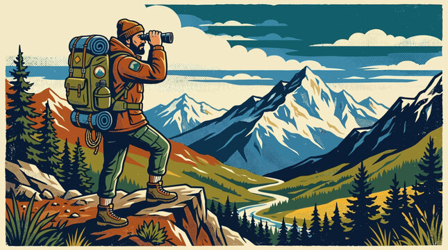 A bearded hiker with a backpack looks through binoculars at a mountain range