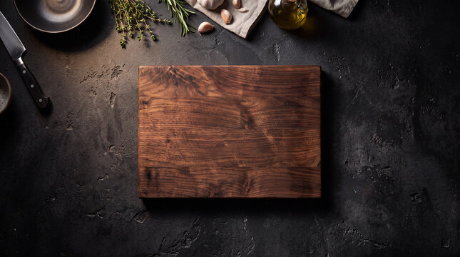 Empty Dark Walnut Wooden Board on Black Concrete Kitchen Countertop