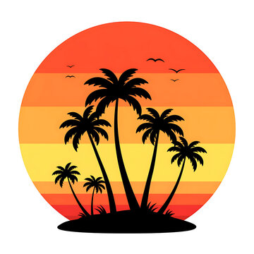Tropical Palm Tree Island Black Silhouette with Vibrant Sunset Circle Flat Vector Illustration on White Background