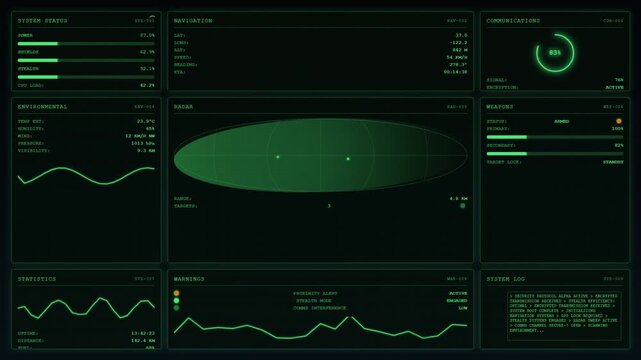 uturistic Sci-Fi HUD Interface Screen for Spaceship Control Room, High-Tech Digital Dashboard with Radar, System Status, and Communications UI Elements for Gaming and Video Production
