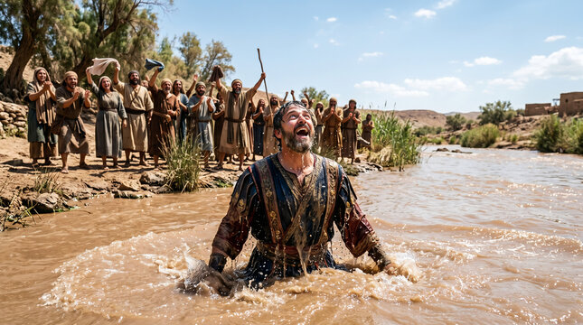 The Syrian commander Naaman miraculously healed of leprosy after dipping himself seven times in the muddy Jordan River