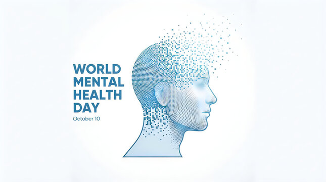 Conceptual illustration of a human head silhouette for world mental health day featuring digital brain network patterns