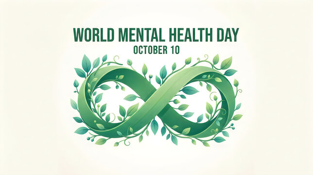 World mental health day concept featuring an infinity symbol made of green leaves and nature inspired elements