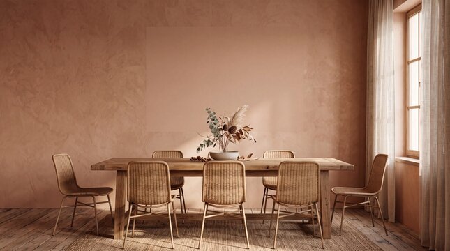 Warmes Esszimmer mit Holztisch und Rattanst&uuml;hlen vor Terrakotta Wand mit leerer Wandfl&auml;che als Vorlage