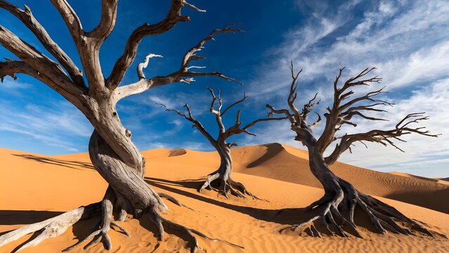 Dead trees in orange desert dunes. Ancient dry wood landscape under a deep blue sky.