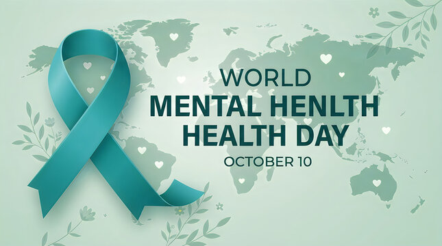 World mental health day awareness banner with a teal ribbon and global map background on october tenth