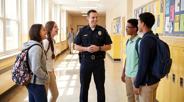 Friendly school resource officer standing in hallway talking to group of diverse students wearing backpacks while they laugh during break time in bright modern educational facility hall.