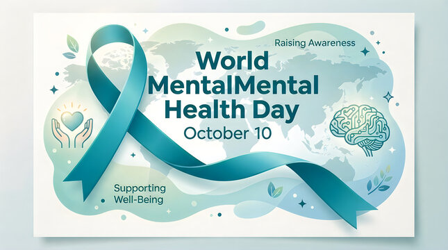 World mental health day awareness banner featuring a teal awareness ribbon on a soft abstract watercolor background design
