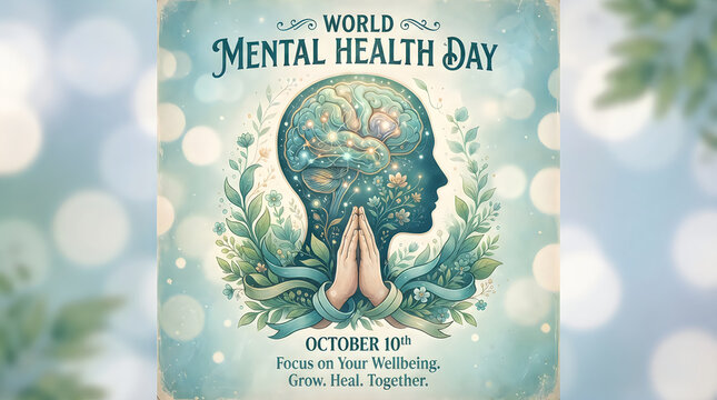 Artistic illustration for world mental health day featuring a human head silhouette with floral elements and praying hands