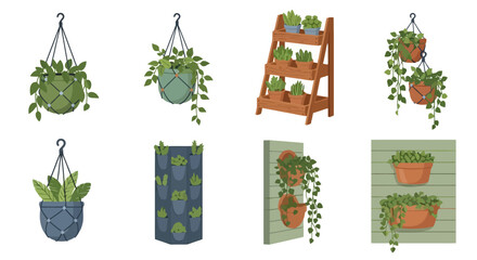 Fototapeta premium Collection of various indoor and outdoor plant displays including hanging planters, vertical gardens, and tiered stands.