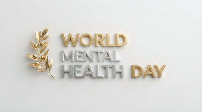 Elegant 3d gold and silver text design celebrating world mental health day on a clean white background