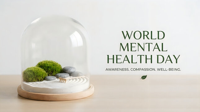 Small green moss terrarium inside a glass dome for world mental health day concept on wooden table