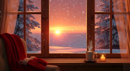 Fototapeta premium Cozy indoor view of a snowy landscape during the first day of winter at a beautiful golden sunset