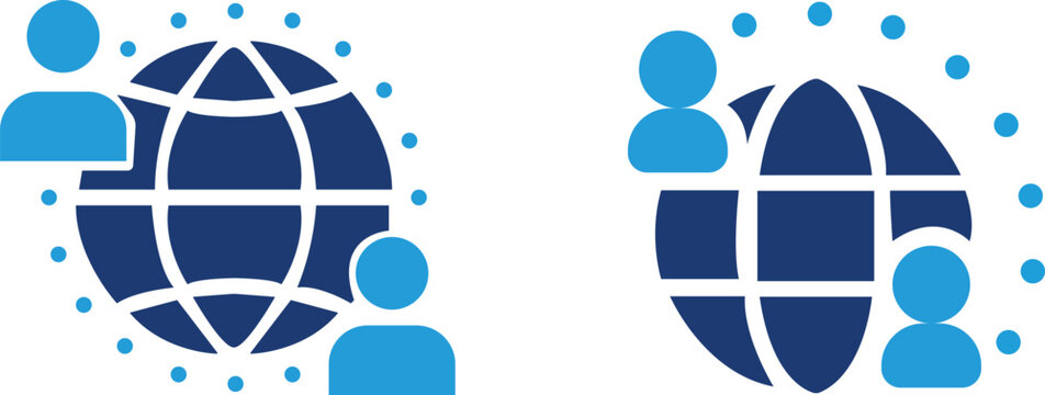 Global users icon with people around world globe. International community and worldwide network concept for online communication, global audience, internet connection, social interaction and business.