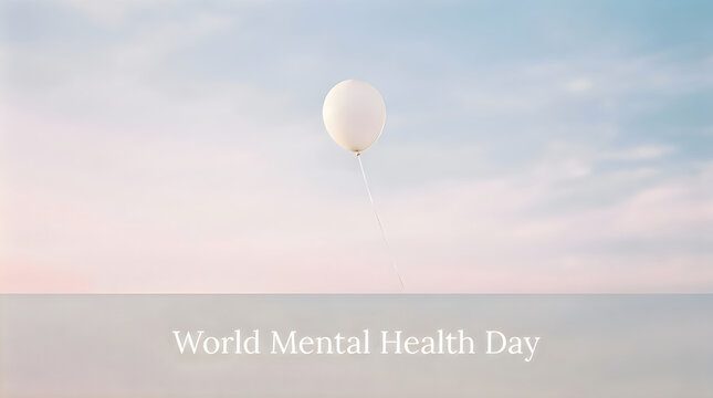 A peaceful hot air balloon floating in a calm sky representing freedom and hope for world mental health day