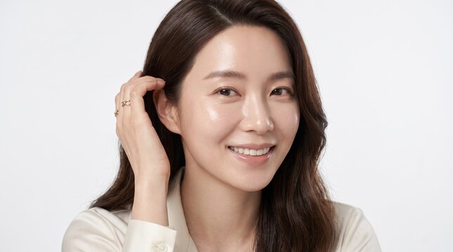 Young Asian woman tucking hair behind ear. Portrait of a smiling lady with glowing skin.