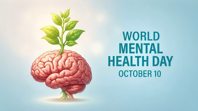 Conceptual illustration for world mental health day featuring a human brain with a growing green plant sprout symbol