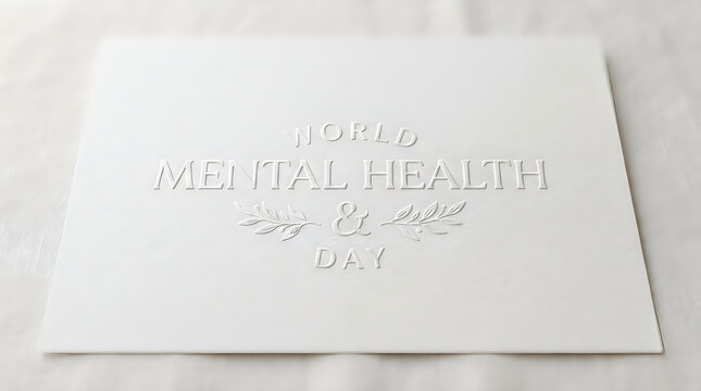 Minimalist white paper card with embossed text celebrating world mental health day for awareness and emotional support concepts