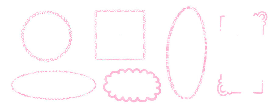 Set of pink watercolor frames on a transparent background, retro style, for design purposes.