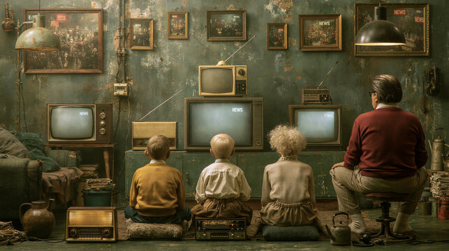 Family members in a modest home argue over conflicting news on television and radio during an information war, screens show no readable text