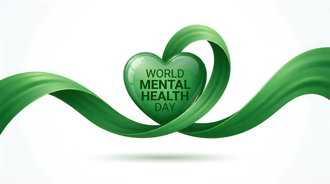 Green heart ribbon symbol representing awareness and support for world mental health day on a white background