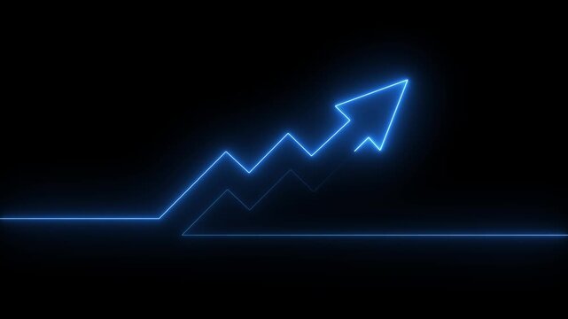 Abstract neon arrow business graph chart icon animation background. Market Recovery Concept. Successful growth trend Green line graph going Up. on the black, background Financial data and diagrams