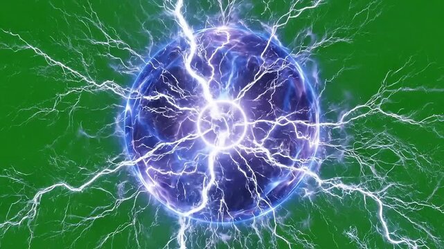 Vibrant energy orb crackles with electric power against a green background, symbolizing force and innovation.