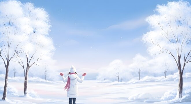 A serene woman standing in a snowy landscape celebrating the first day of winter with open arms