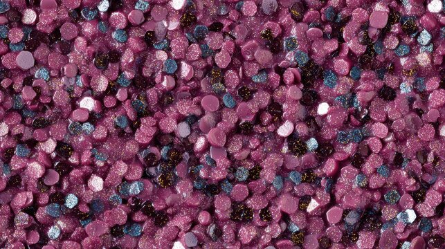 Close up macro texture of purple slime filled with shiny sequins and glitter