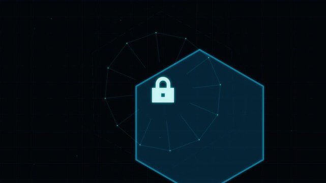Digital security concept with glowing padlock icon inside hexagon on dark background.