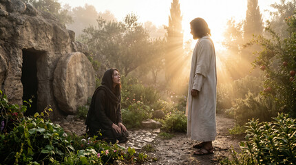 Obraz premium Jesus appearing to Mary Magdalene outside the empty tomb at dawn. She tearfully mistakes him for the gardener