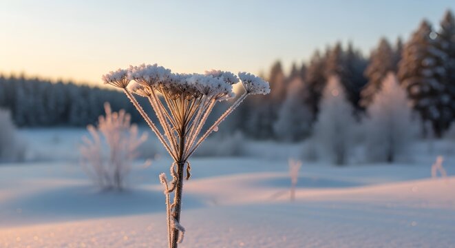 A beautiful frozen plant standing in a snowy field during the peaceful first day of winter morning light