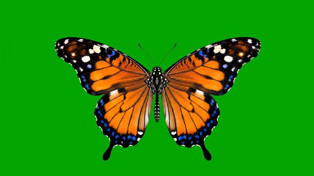 A detailed dorsal view of a vibrant orange butterfly isolated on a bright green background