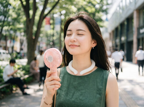 夏の暑さ対策にハンディファンとネッククーラーを使う女性