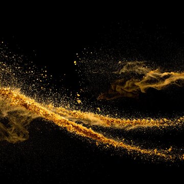 An artistic representation of golden dust or particles floating across a deep black void, creating a dynamic flow pattern