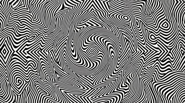 Hypnotic black and white optical illusion with swirling lines
