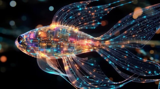 Transparent futuristic fish made of digital light and colorful circuits swimming in deep ocean darkness showing cyber biology artificial intelligence marine technology and luminous fantasy innovation