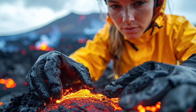 Geologist examining molten lava flow in volcanic landscape.