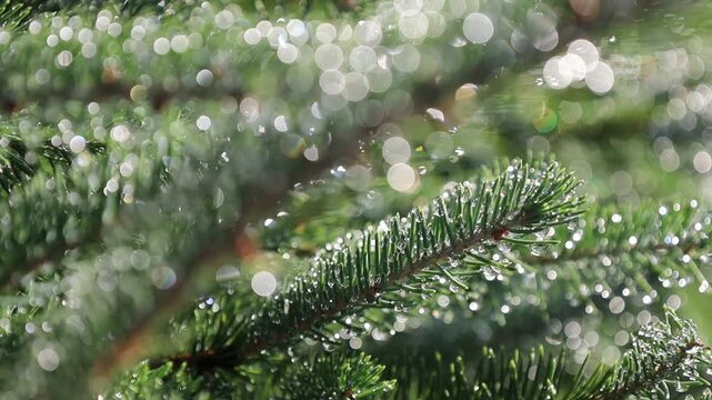 Glistening Water Droplets on Tree Branch, Post-Rain Sunlight - Seamless Loop