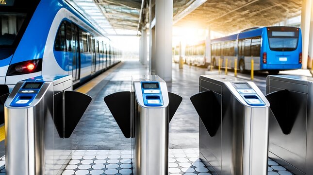 Modern automated public transportation transit hub featuring ticket turnstiles with boarding platform trains and city buses