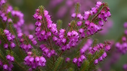 Obraz premium Blooming pink heather flowers close up in spring garden, selective focus on delicate bell-shaped purple blossoms