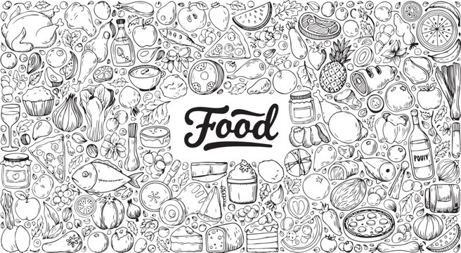 Black and white food doodle pattern with central food text label handdrawn restaurant culinary ingredients background monochrome illustration creative