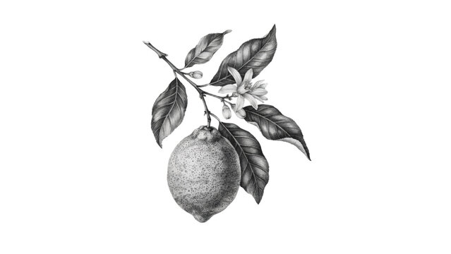 Vintage hand drawn illustration of a lemon on a branch with flowers and leaves botanical illustration engraving monochrome isolated background culinary