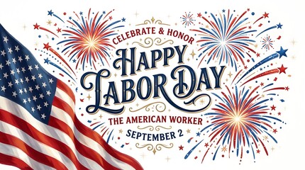 Obraz premium Happy Labor Day greeting card design. American flag and fireworks for September holiday.
