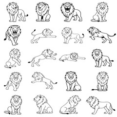 Obraz premium Lion Outline Illustration Set – Hand Drawn Wild Animal Line Art Collection, Black and White Safari Lion Sketch Bundle, Coloring Book Vector Style