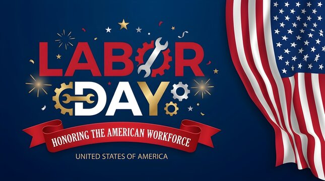 Labor Day celebration banner with American flag, honoring the American workforce message on blue background, patriotic holiday greeting with tools