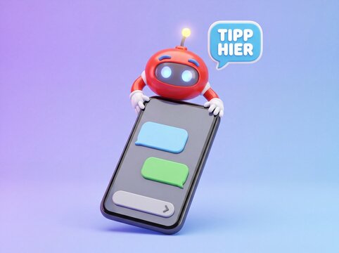 Freundlicher roter 3D Chatbot Roboter lehnt an Smartphone mit Sprechblase TIPP HIER und Chat Nachrichten