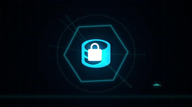 Digital security concept with locked database icon and network grid.